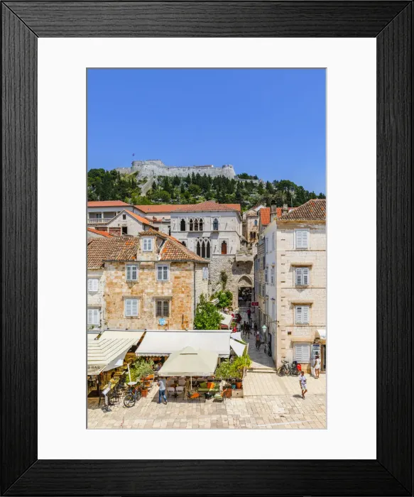Framed Print : Restaurants and Hvar Fortress, Hvar Town, Hvar, Dalmatian Coast, Croatia, Europe Framed Print : Restaurants and Hvar Fortress, Hvar Town, Hvar, Dalmatian Coast, Croatia, Europe