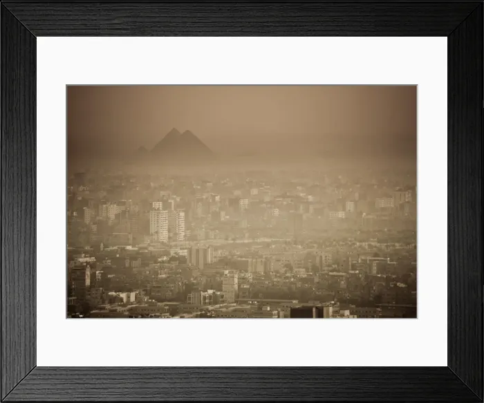 Framed Print : Egypt, Cairo, city skyline and pyramids in the distance, viewed from Cairo Tower Framed Print : Egypt, Cairo, city skyline and pyramids in the distance, viewed from Cairo Tower