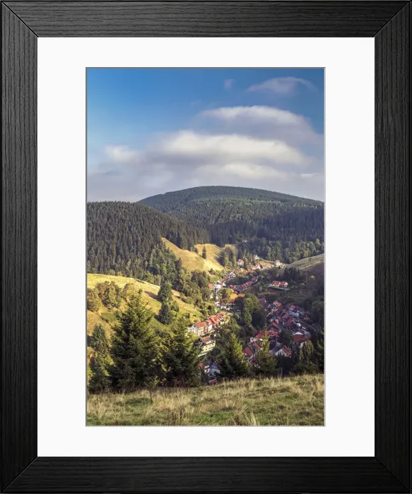 Framed Print : Elevated view over the village of Lerbach, Harz Mountains, Saxony-Anhalt, Germany