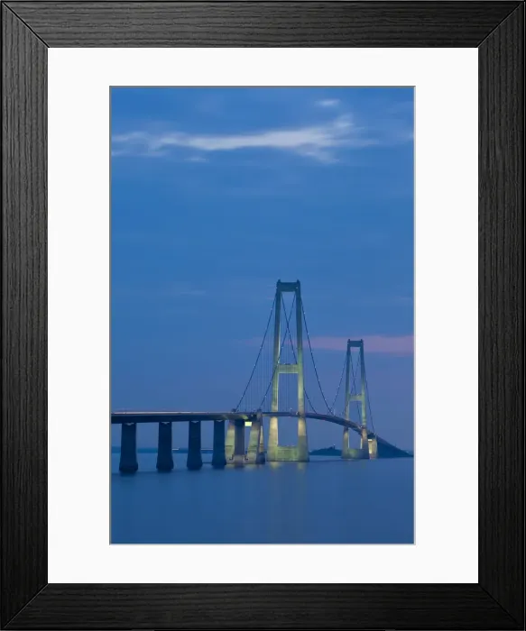 Framed Print : Dusk over the illuminated East Bridge as seen from Korsor, Denmark Framed Print : Dusk over the illuminated East Bridge as seen from Korsor, Denmark