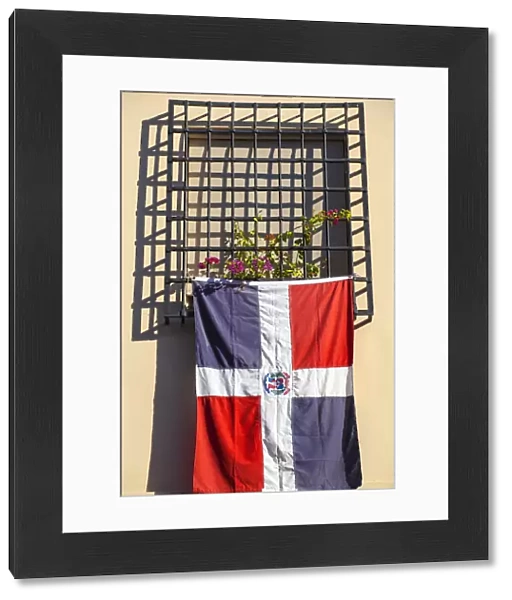 Dominican Republic, Santa Domingo, Colonial zone, Dominican flag hanging from window