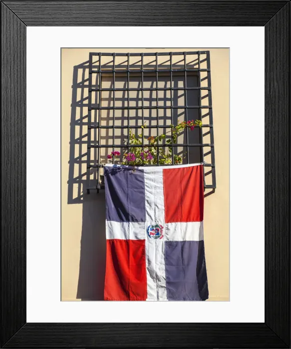 Framed Print : Dominican Republic, Santa Domingo, Colonial zone, Dominican flag hanging from window Framed Print : Dominican Republic, Santa Domingo, Colonial zone, Dominican flag hanging from window