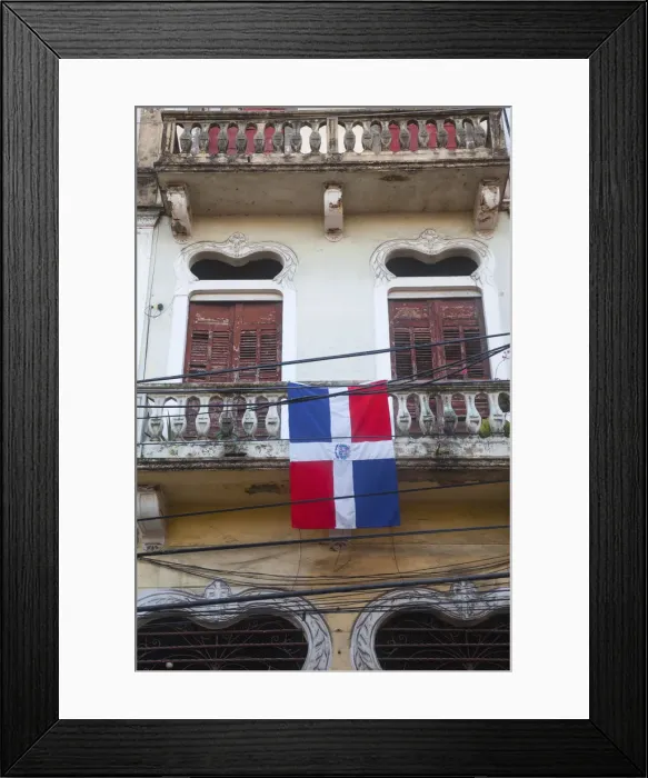 Framed Print : Dominican Republic, Santa Domingo, Colonial zone, Flag on balcony of house on Calle Framed Print : Dominican Republic, Santa Domingo, Colonial zone, Flag on balcony of house on Calle