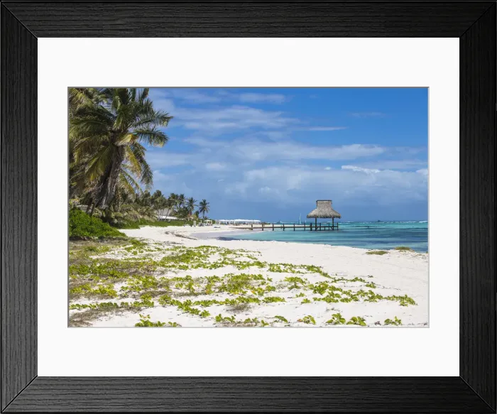 Framed Print : Dominican Republic, Punta Cana, Playa Blanca, Wooden pier with thatched hut Framed Print : Dominican Republic, Punta Cana, Playa Blanca, Wooden pier with thatched hut