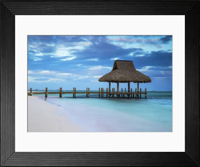 Framed Print : Dominican Republic, Punta Cana, Playa Blanca, Wooden pier with thatched hut Framed Print : Dominican Republic, Punta Cana, Playa Blanca, Wooden pier with thatched hut