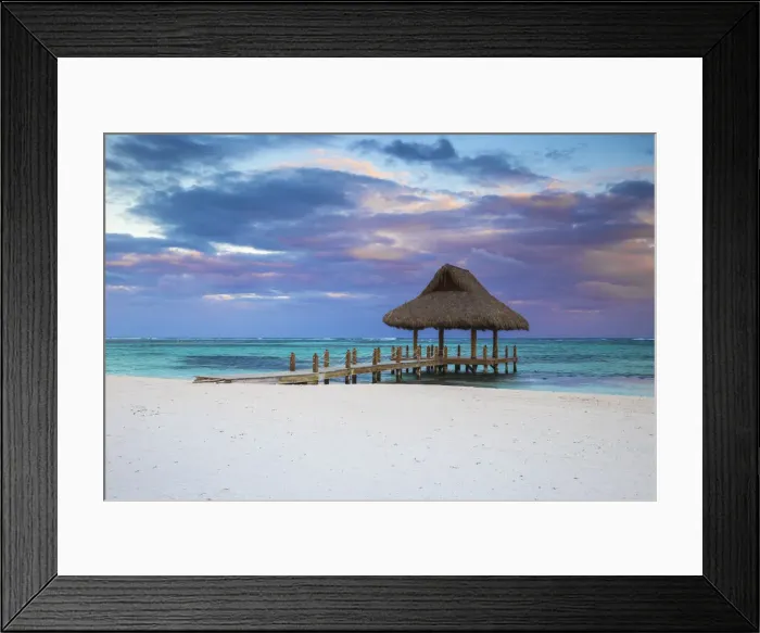 Framed Print : Dominican Republic, Punta Cana, Playa Blanca, Wooden pier with thatched hut Framed Print : Dominican Republic, Punta Cana, Playa Blanca, Wooden pier with thatched hut