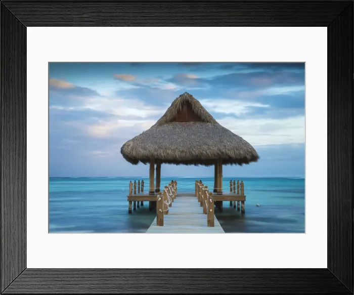 Framed Print : Dominican Republic, Punta Cana, Playa Blanca, Wooden pier with thatched hut Framed Print : Dominican Republic, Punta Cana, Playa Blanca, Wooden pier with thatched hut