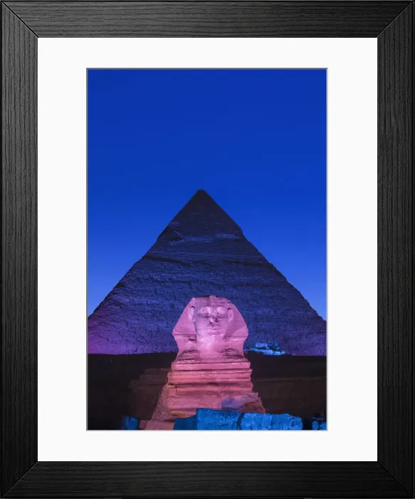 Framed Print : Pyramid of Khafre (Chephren) and the Sphinx at night, Giza, Cairo, Egypt