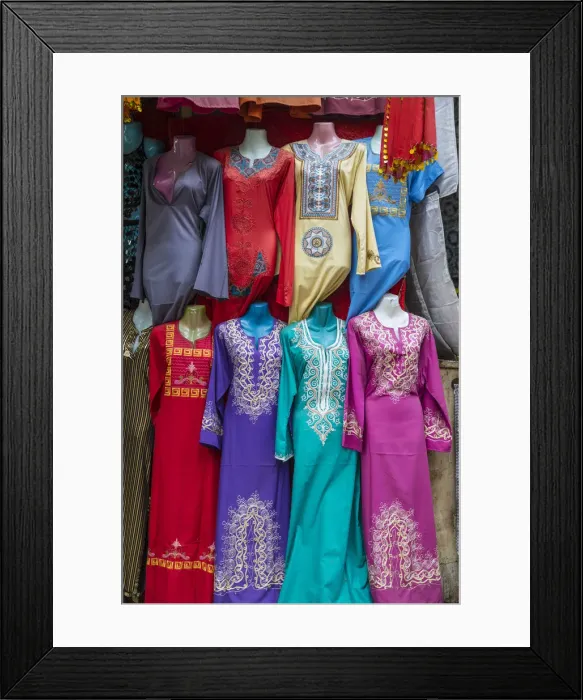 Framed Print : Colour womens dresses for sale, Khan el-Khalili bazaar (Souk), Cairo, Egypt
