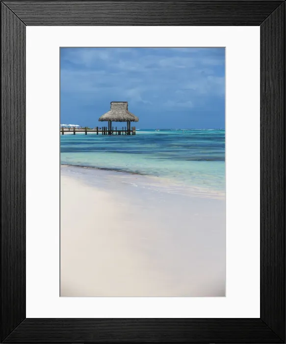 Framed Print : Dominican Republic, Punta Cana, Playa Blanca, Wooden pier with thatched hut