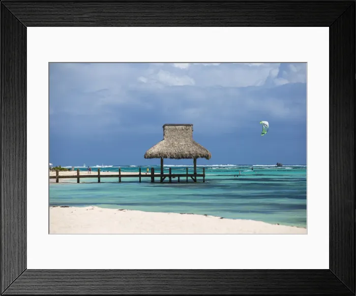 Framed Print : Dominican Republic, Punta Cana, Playa Blanca, Wooden pier with thatched hut Framed Print : Dominican Republic, Punta Cana, Playa Blanca, Wooden pier with thatched hut
