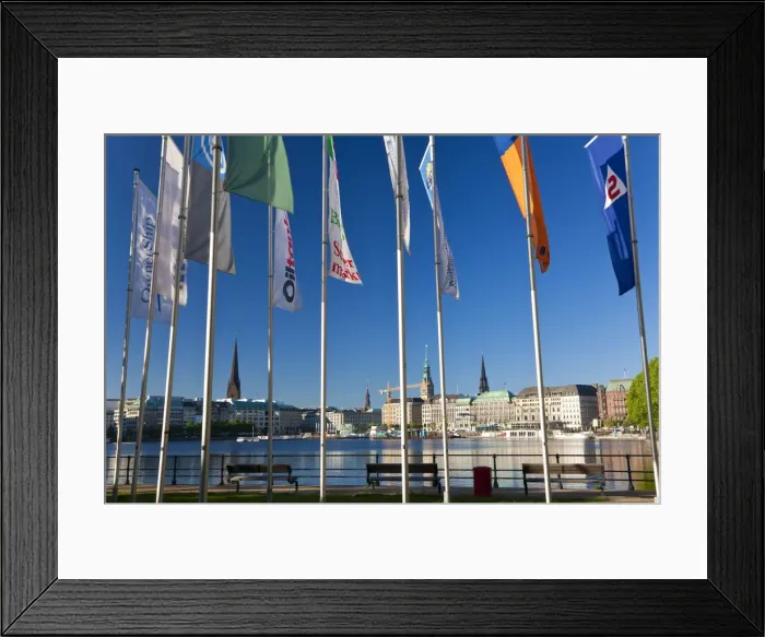 Framed Print : Flags, Binnenalster Lake, Hamburg, Germany Framed Print : Flags, Binnenalster Lake, Hamburg, Germany