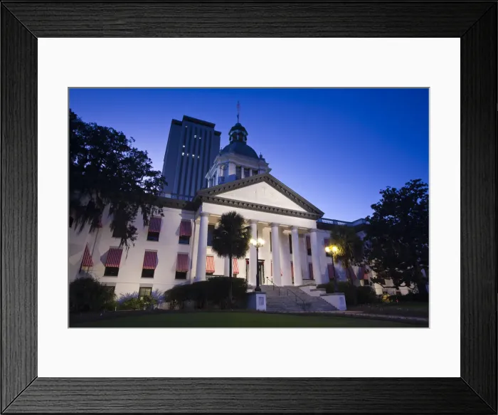 Framed Print : USA, Florida, Tallahassee, Historic 1902 State Capitol and modern State Capitol