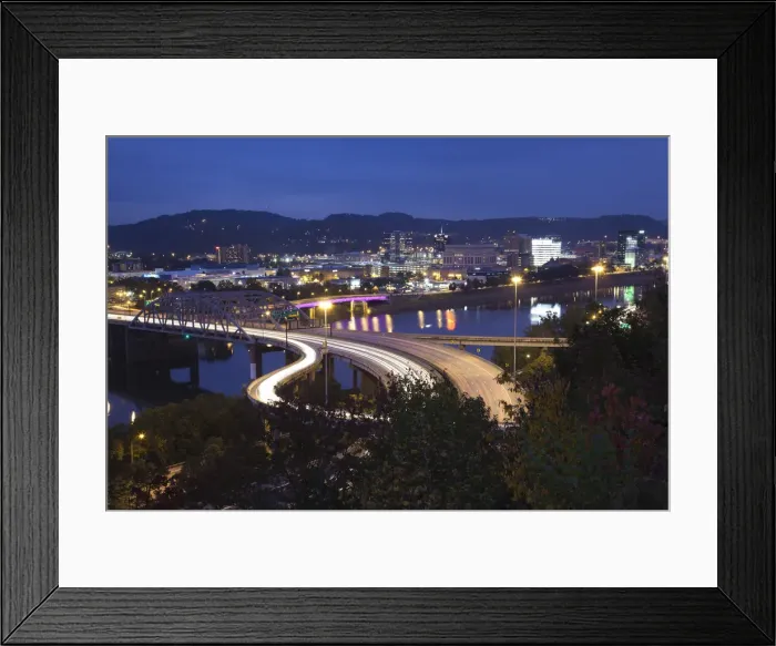 Framed Print : USA, West Virginia, Charleston, city and I-64 bridge, evening Framed Print : USA, West Virginia, Charleston, city and I-64 bridge, evening