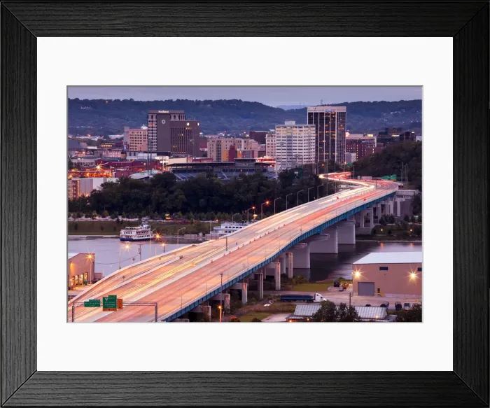 Framed Print : USA, Tennessee, Chattanooga, high angle view of city and Rt. 27, dawn