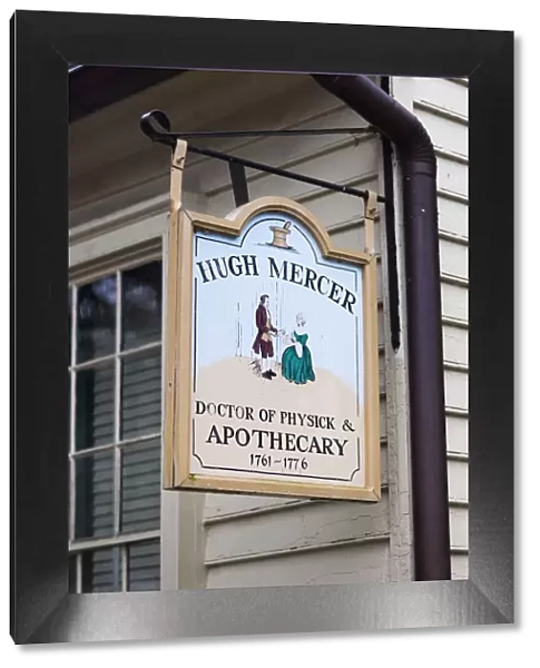 USA, Virginia, Fredericksburg, Hugh Mercer Apothecary Shop sign, former shop belonging