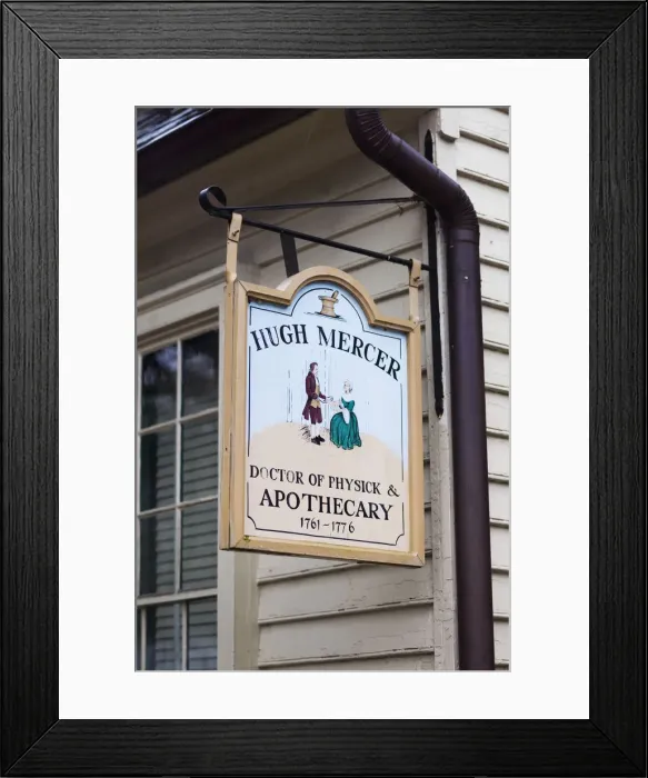 Framed Print : USA, Virginia, Fredericksburg, Hugh Mercer Apothecary Shop sign, former shop belonging Framed Print : USA, Virginia, Fredericksburg, Hugh Mercer Apothecary Shop sign, former shop belonging