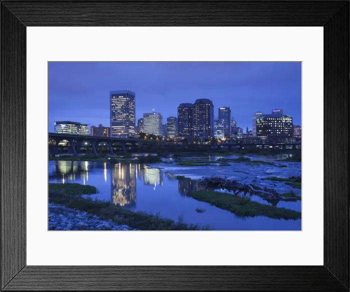 Framed Print : USA, Virginia, Richmond, skyline along James River, dusk Framed Print : USA, Virginia, Richmond, skyline along James River, dusk