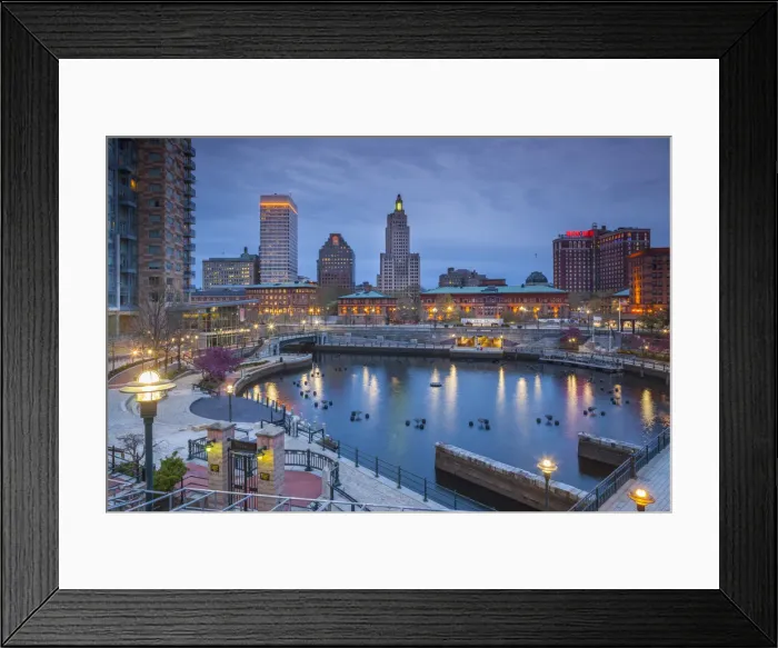 Framed Print : USA, Rhode Island, Providence, city skylline from Waterplace Park, dusk Framed Print : USA, Rhode Island, Providence, city skylline from Waterplace Park, dusk