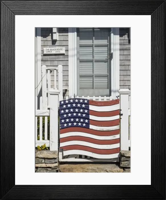 Framed Print : USA, Connecticut, Stonington, gate with US flag Framed Print : USA, Connecticut, Stonington, gate with US flag