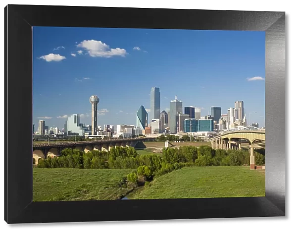 Freeway bridge over the Dallas River floodplain, and skyline of the downtown area
