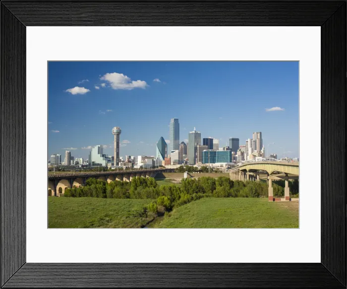 Framed Print : Freeway bridge over the Dallas River floodplain, and skyline of the downtown area Framed Print : Freeway bridge over the Dallas River floodplain, and skyline of the downtown area