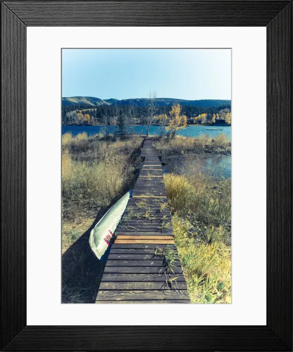 Framed Print : USA, Colorado, Animas River Valley north of Durango, Elektra Lake, Canoe and Boardwalk