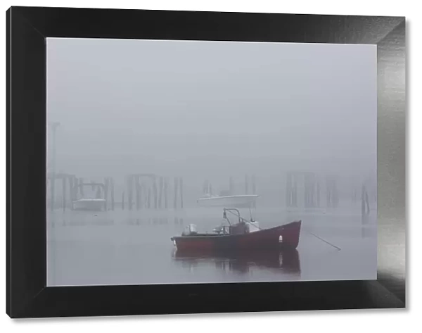 USA, Maine, Cape Neddick, fishing boat in fog