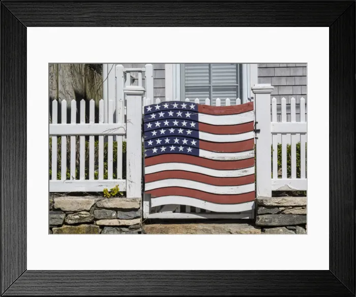 Framed Print : USA, Connecticut, Stonington, gate with US flag Framed Print : USA, Connecticut, Stonington, gate with US flag