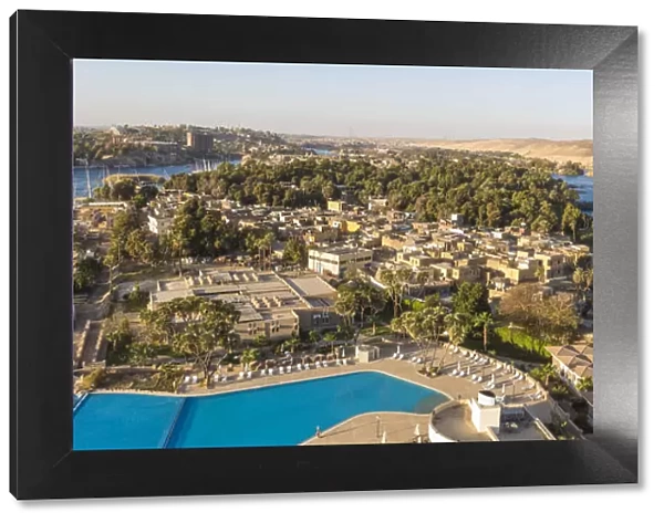 Egypt, Upper Egypt, Aswan, Elephantine Island, View of Movenpick Resort and River Nile