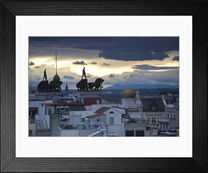 Framed Print : Spain, Madrid, elevated view of figures atop BBVA building, from the Circulo de Bellas Framed Print : Spain, Madrid, elevated view of figures atop BBVA building, from the Circulo de Bellas