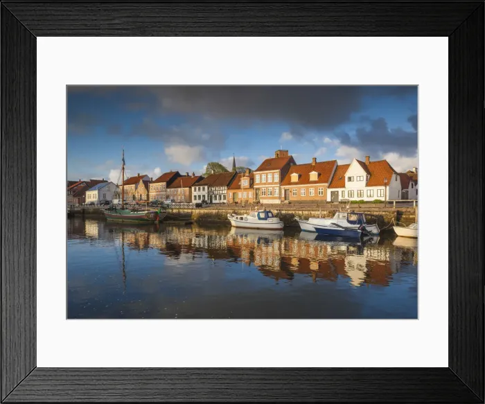 Framed Print : Denmark, Jutland, Ribe, town view from the Ribe River, dawn Framed Print : Denmark, Jutland, Ribe, town view from the Ribe River, dawn