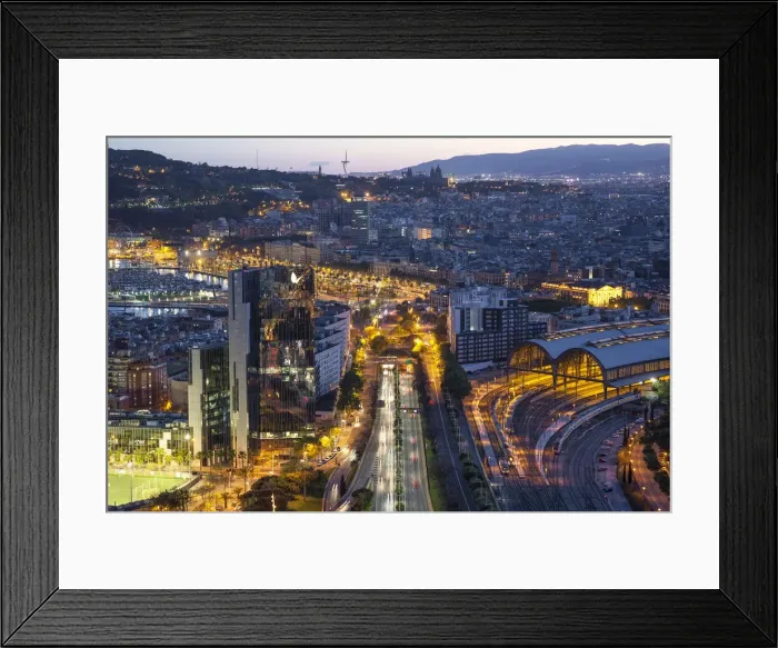Framed Print : Elevated dusk view over Barcelona city centre, Catalunya, Spain Framed Print : Elevated dusk view over Barcelona city centre, Catalunya, Spain