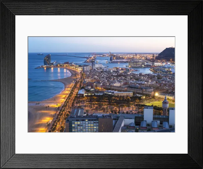 Framed Print : Elevated dusk view over Barcelona beaches and seaport, Barcelona, Catalunya, Spain