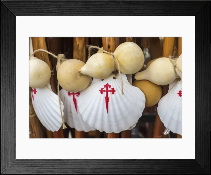 Framed Print : Scallop shell & walking sticks, symbol of The Camino de Santiago pilgrimage walk