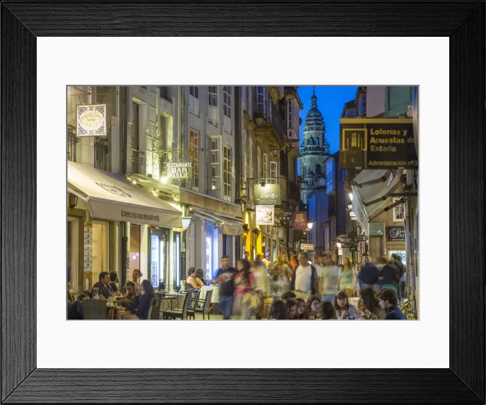 Framed Print : Busy central street with restaurants in the evening Santiago de Compestela, Galicia Framed Print : Busy central street with restaurants in the evening Santiago de Compestela, Galicia