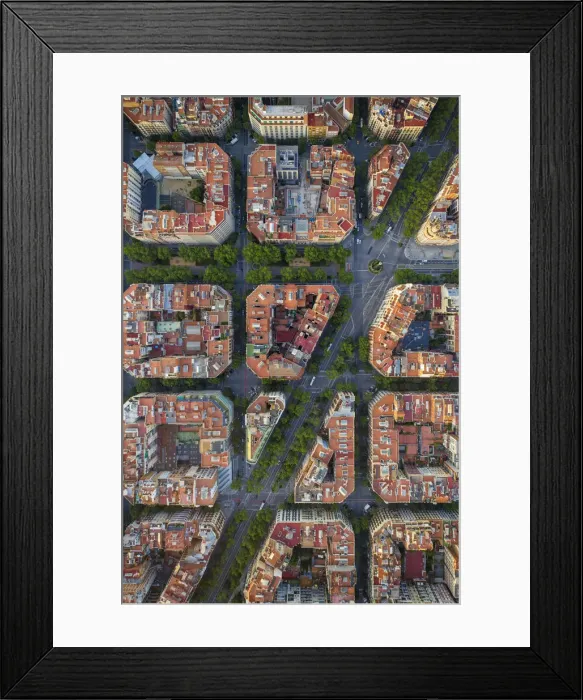 Framed Print : Spain, Catalunya, Barcelona, Aerial view of Eixample district and Sagrada Familia
