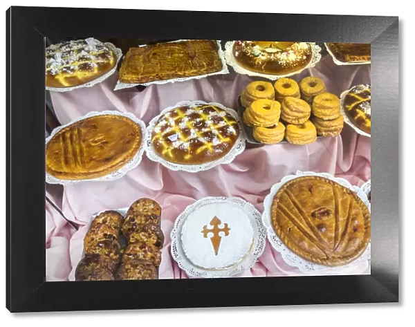 Tarta de Santiago or almond cakes with cross of St. James & cakes, Santiago de Compestela