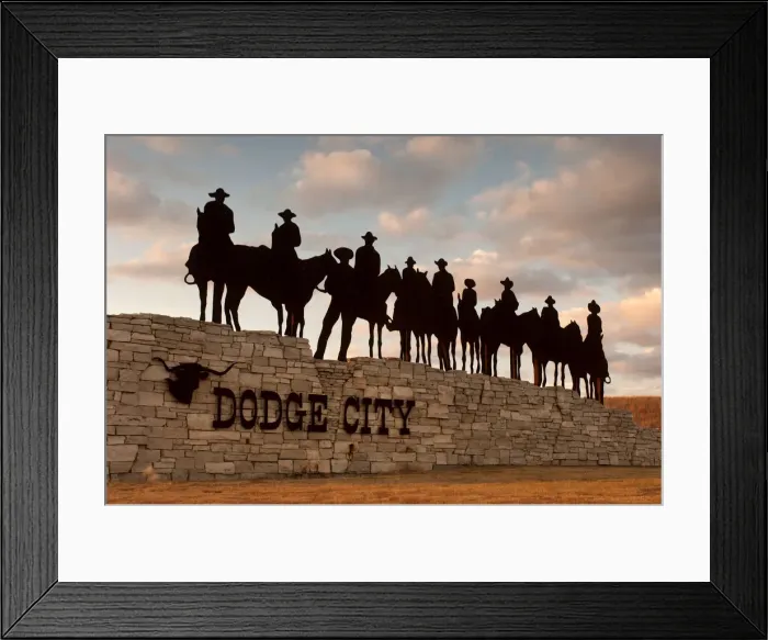 Framed Print : USA, Kansas, Dodge City, Silhouetted Ghost Riders Welcoming Sign, Metal Art Work Framed Print : USA, Kansas, Dodge City, Silhouetted Ghost Riders Welcoming Sign, Metal Art Work