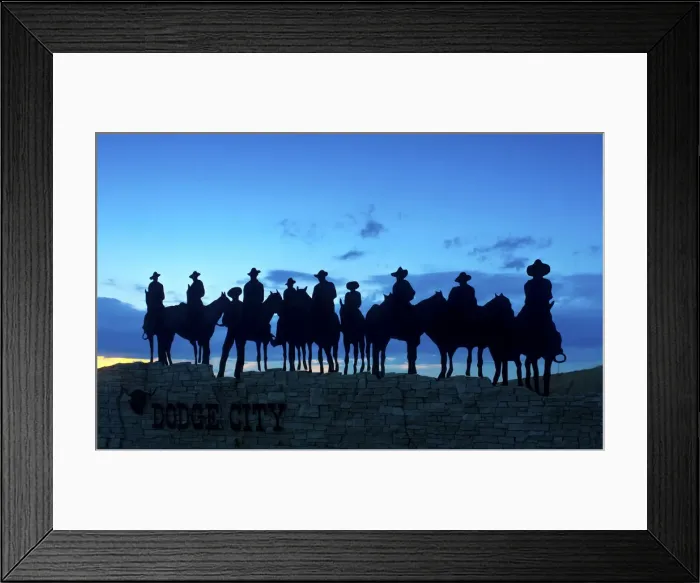 Framed Print : USA, Kansas, Dodge City, Silhouetted Ghost Riders Welcoming Sign, Metal Art Work Framed Print : USA, Kansas, Dodge City, Silhouetted Ghost Riders Welcoming Sign, Metal Art Work