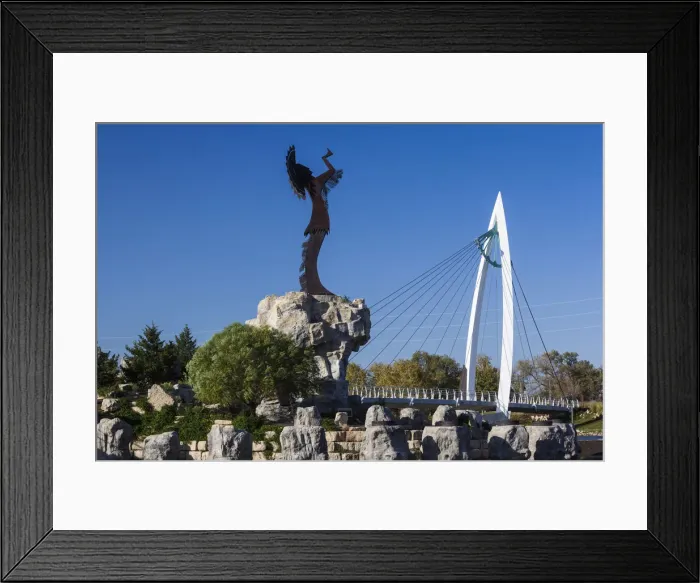 Framed Print : USA, Kansas, Wichita, Keeper of the Plains statue and footbridge on the Arkansas River Framed Print : USA, Kansas, Wichita, Keeper of the Plains statue and footbridge on the Arkansas River