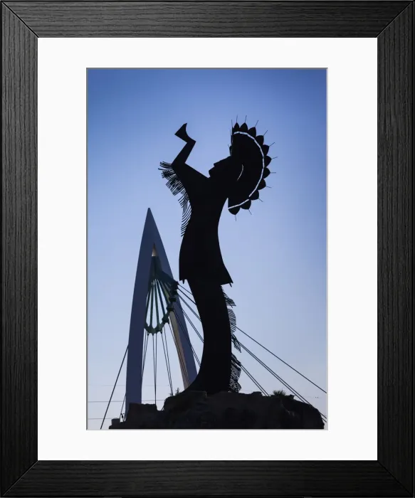 Framed Print : USA, Kansas, Wichita, Keeper of the Plains statue and footbridge on the Arkansas River Framed Print : USA, Kansas, Wichita, Keeper of the Plains statue and footbridge on the Arkansas River