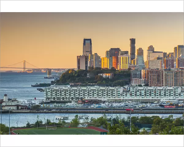 USA, New Jersey, Jersey City, elevated city view, dawn