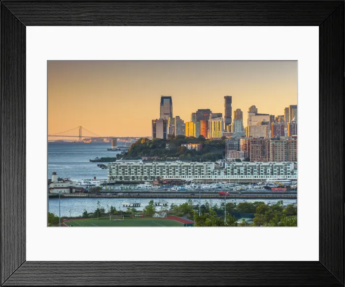 Framed Print : USA, New Jersey, Jersey City, elevated city view, dawn Framed Print : USA, New Jersey, Jersey City, elevated city view, dawn
