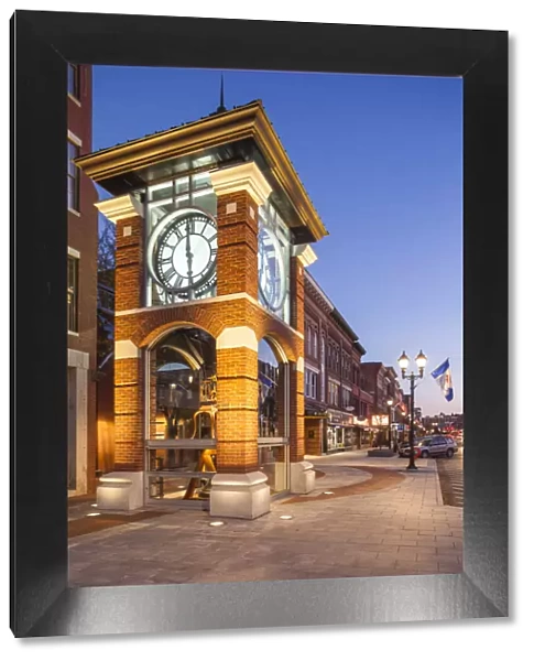 USA, New England, New Hampshire, Concord, Main Street and clocktower, dusk