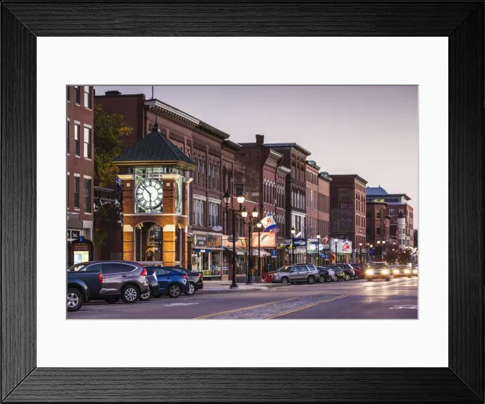 Framed Print : USA, New England, New Hampshire, Concord, Main Street and clocktower, dusk Framed Print : USA, New England, New Hampshire, Concord, Main Street and clocktower, dusk