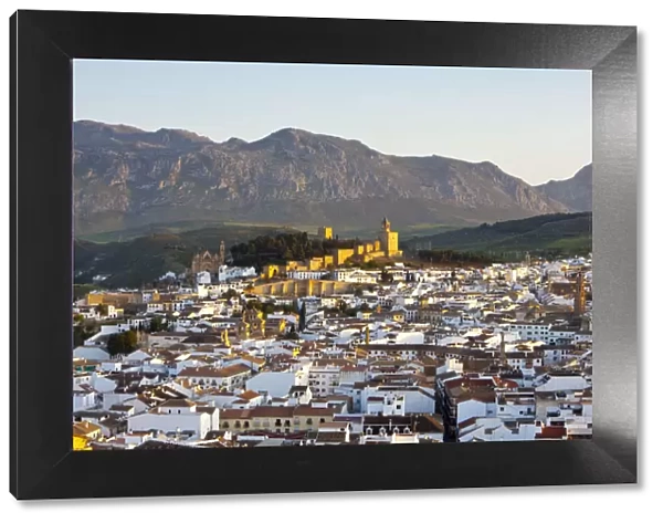Moorish Alcazaba (castle) & city overview at sunset, Antequera, Malaga Province, Andalusia