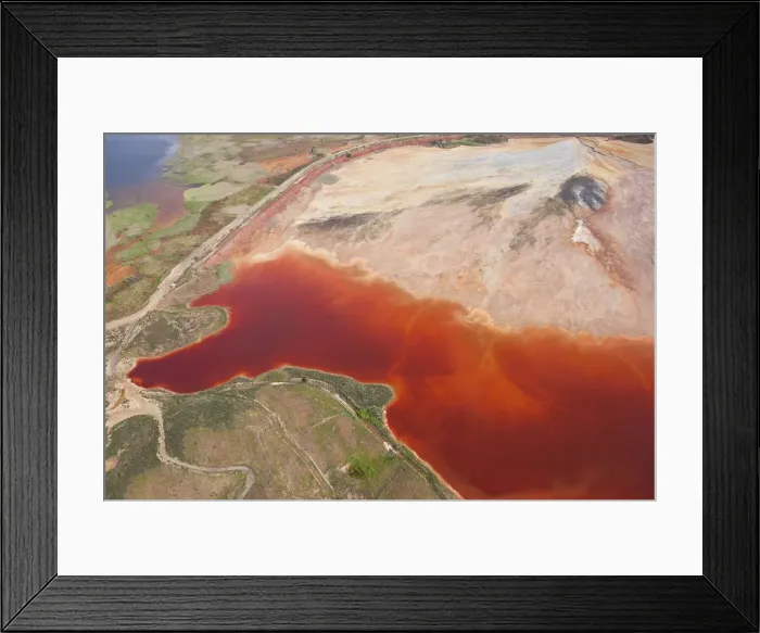 Framed Print : Aerial shot of oxidized iron minerals in water in old mining area, Rio Tinto Framed Print : Aerial shot of oxidized iron minerals in water in old mining area, Rio Tinto
