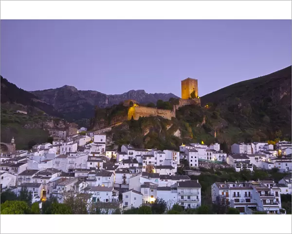The Moorish Yedra Castle illuminated at dusk, Cazorla, Jaen Province, Andalusia, Spain