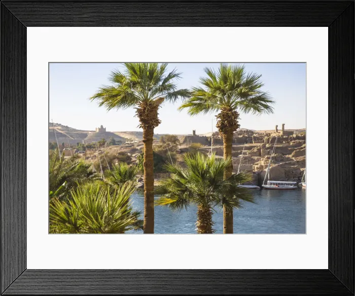 Framed Print : Egypt, Upper Egypt, Aswan, View towards Khnum ruins on Elephantine Island and Mausoleum Framed Print : Egypt, Upper Egypt, Aswan, View towards Khnum ruins on Elephantine Island and Mausoleum